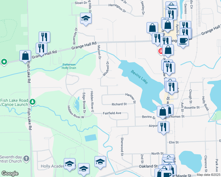 map of restaurants, bars, coffee shops, grocery stores, and more near 744 Hartner Street in Holly