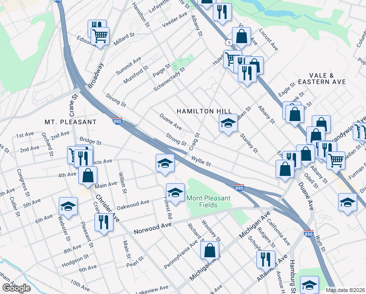 map of restaurants, bars, coffee shops, grocery stores, and more near 886 Strong Street in Schenectady
