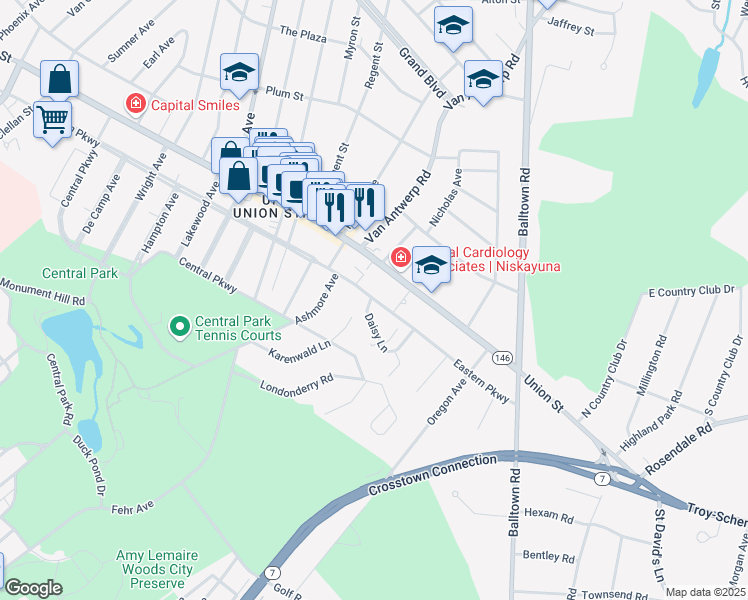 map of restaurants, bars, coffee shops, grocery stores, and more near 2158 Eastern Parkway in Schenectady County