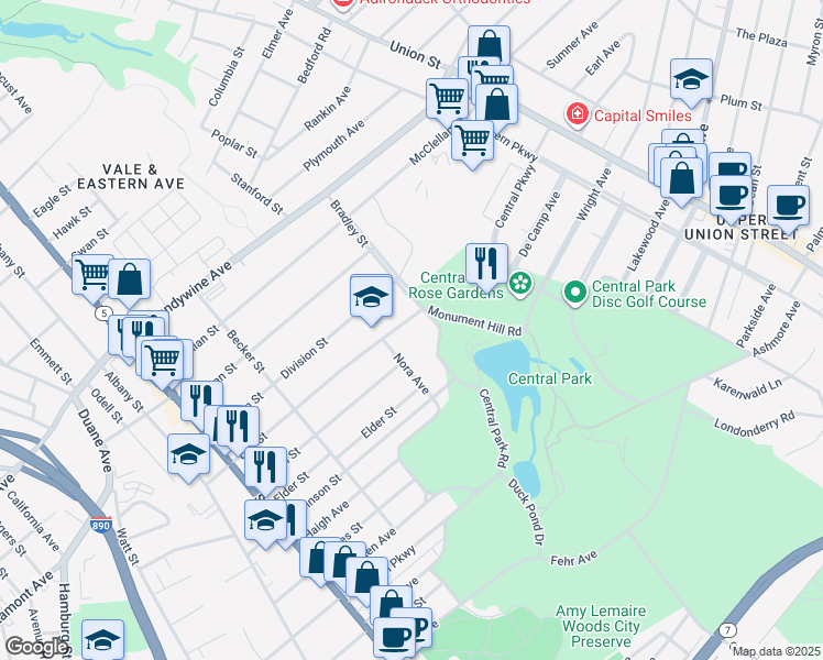 map of restaurants, bars, coffee shops, grocery stores, and more near 250 Bradley Boulevard in Schenectady
