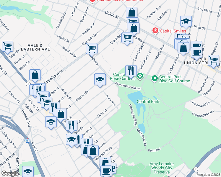 map of restaurants, bars, coffee shops, grocery stores, and more near 250 Bradley Boulevard in Schenectady