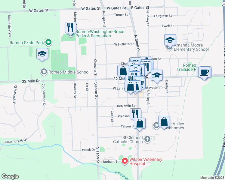 map of restaurants, bars, coffee shops, grocery stores, and more near 199 West Lafayette Street in Romeo