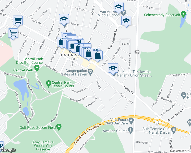 map of restaurants, bars, coffee shops, grocery stores, and more near 2150 Eastern Parkway in Schenectady
