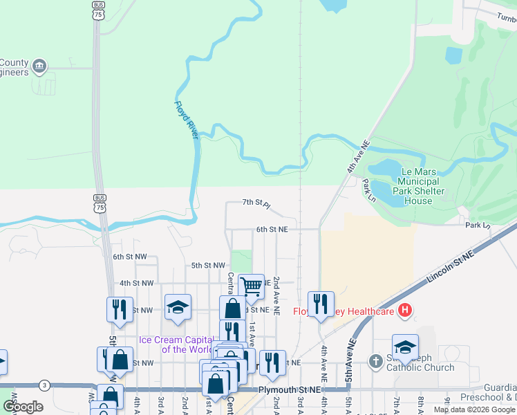 map of restaurants, bars, coffee shops, grocery stores, and more near 2-198 7th Street Place in Le Mars