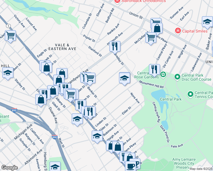 map of restaurants, bars, coffee shops, grocery stores, and more near 227 Division Street in Schenectady