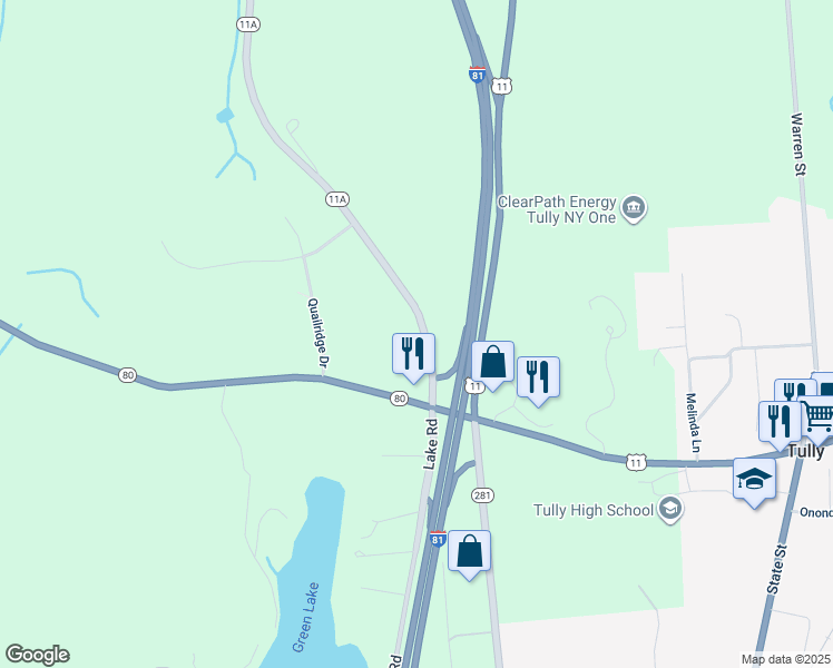 map of restaurants, bars, coffee shops, grocery stores, and more near 609 New York 11A in Tully