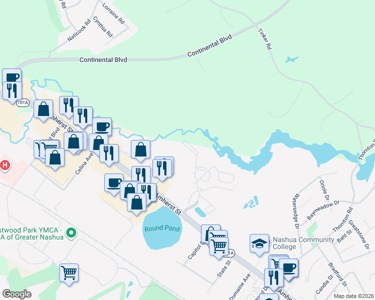 map of restaurants, bars, coffee shops, grocery stores, and more near 5 New Haven Drive in Nashua