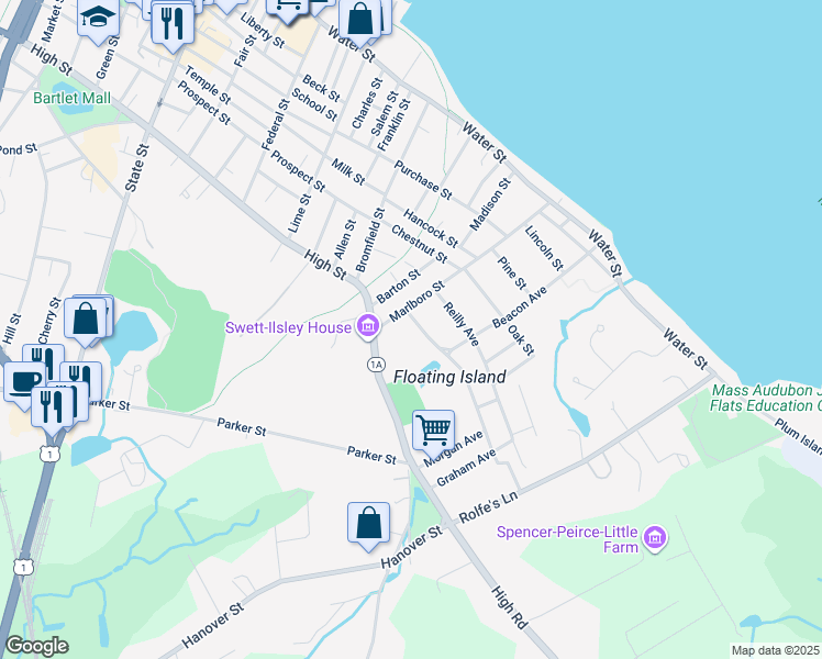 map of restaurants, bars, coffee shops, grocery stores, and more near 5R High Road in Newbury