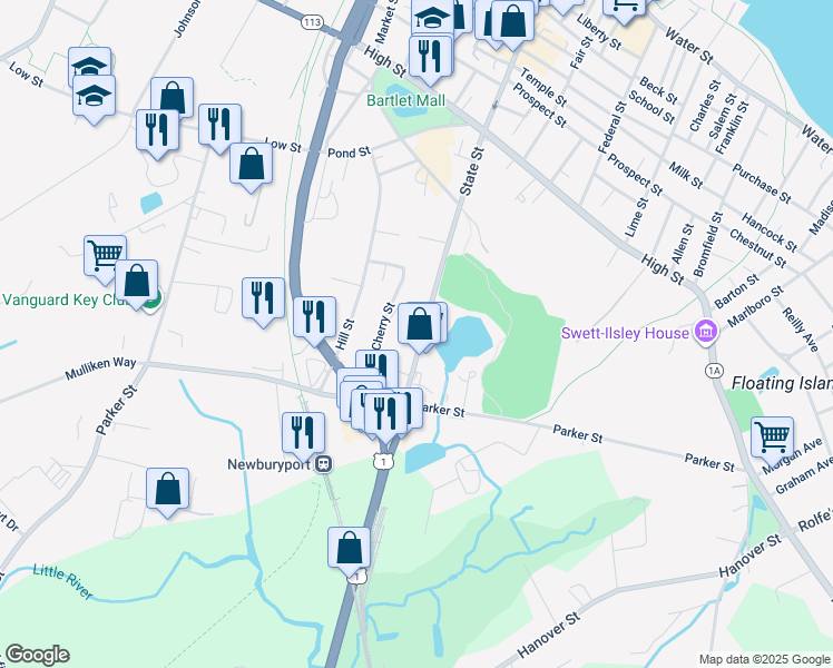 map of restaurants, bars, coffee shops, grocery stores, and more near 174 State Street in Newburyport