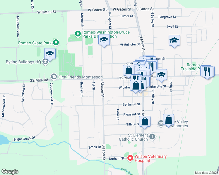 map of restaurants, bars, coffee shops, grocery stores, and more near 147 Sisson Street in Romeo
