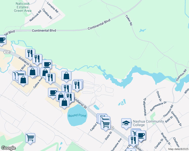 map of restaurants, bars, coffee shops, grocery stores, and more near 3 New Haven Drive in Nashua