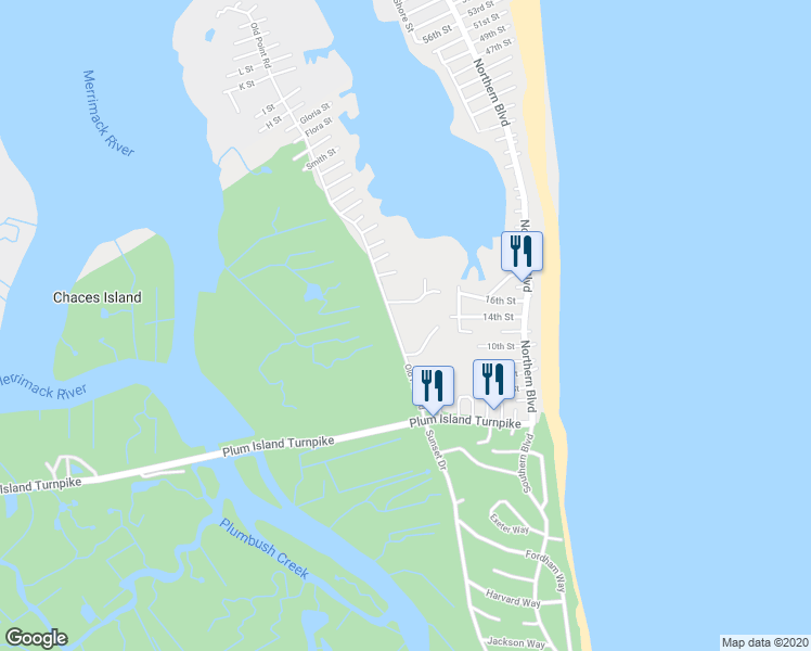 map of restaurants, bars, coffee shops, grocery stores, and more near 32 Old Point Road in Newbury