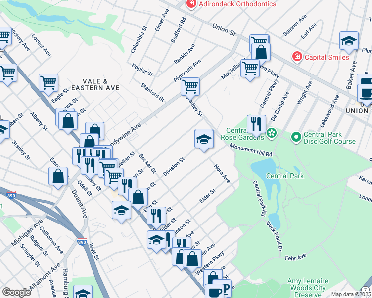 map of restaurants, bars, coffee shops, grocery stores, and more near 227 Division Street in Schenectady