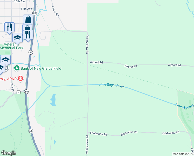 map of restaurants, bars, coffee shops, grocery stores, and more near N8221 Valley View Road in New Glarus