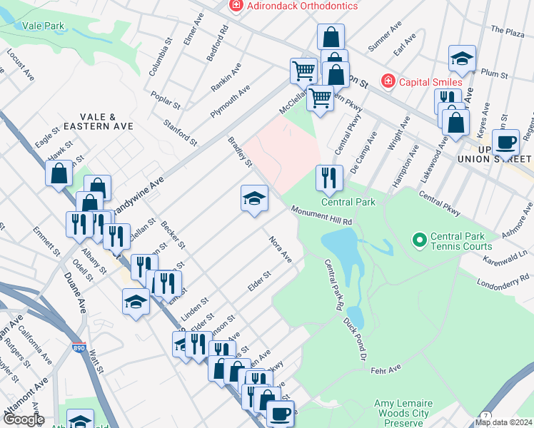 map of restaurants, bars, coffee shops, grocery stores, and more near 421 Elm Street in Schenectady