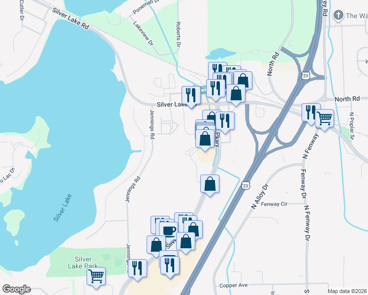 map of restaurants, bars, coffee shops, grocery stores, and more near 15200 Silver Parkway in Fenton