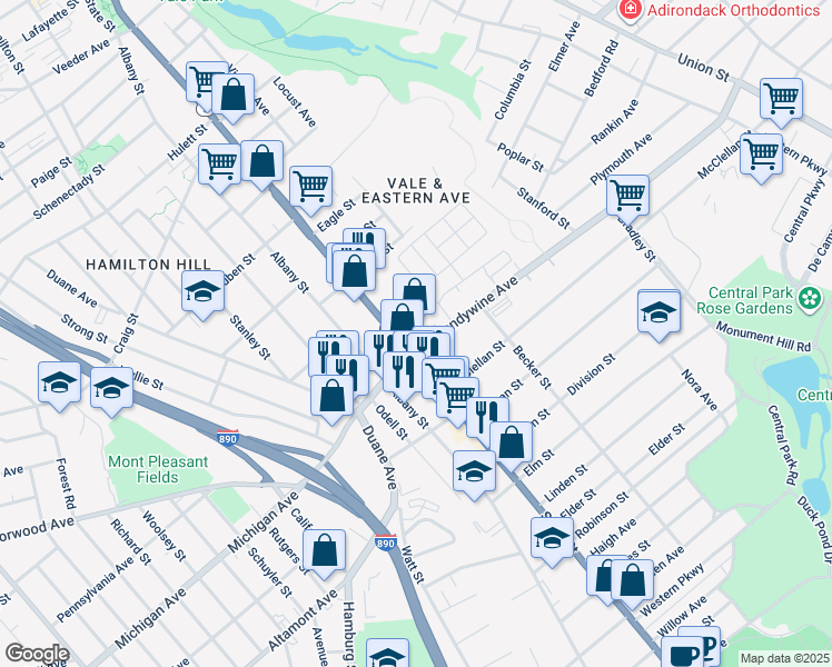 map of restaurants, bars, coffee shops, grocery stores, and more near in Schenectady