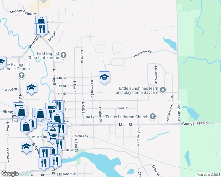 map of restaurants, bars, coffee shops, grocery stores, and more near 600 4th Street in Fenton