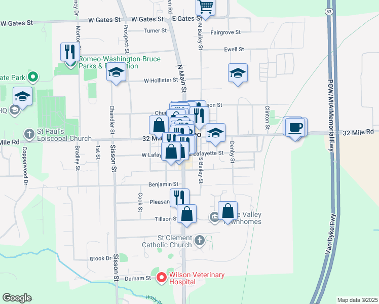 map of restaurants, bars, coffee shops, grocery stores, and more near 151 South Main Street in Romeo