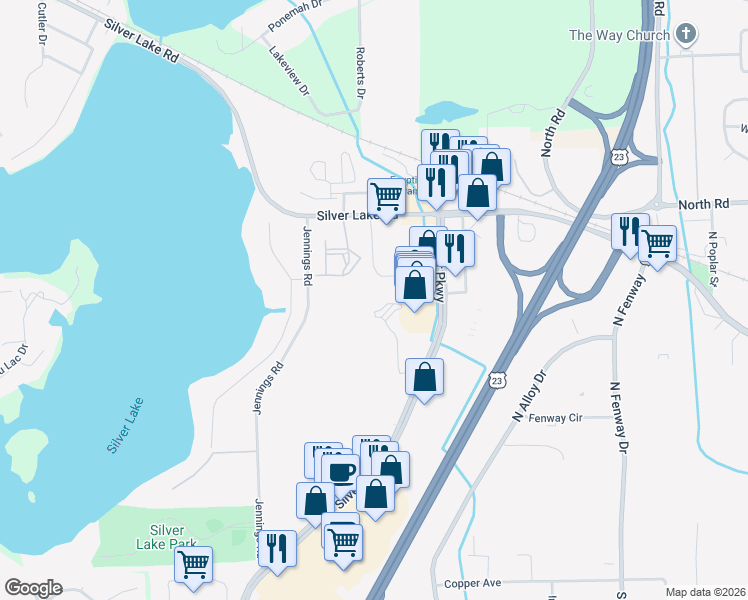 map of restaurants, bars, coffee shops, grocery stores, and more near 15240 Silver Parkway in Fenton