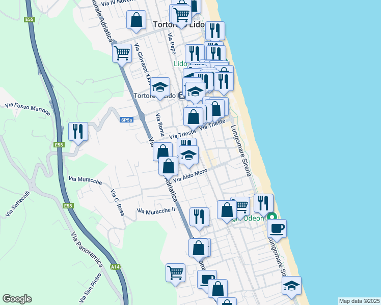 map of restaurants, bars, coffee shops, grocery stores, and more near 46 Via Giannelli in Tortoreto Lido