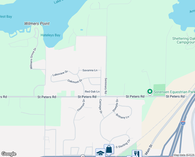 map of restaurants, bars, coffee shops, grocery stores, and more near Carriage Drive in East Troy