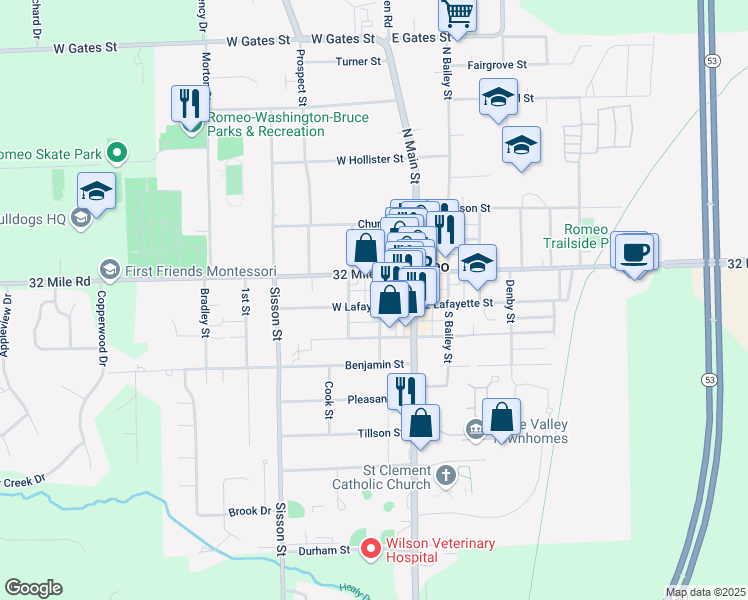 map of restaurants, bars, coffee shops, grocery stores, and more near 155 South Rawles Street in Romeo
