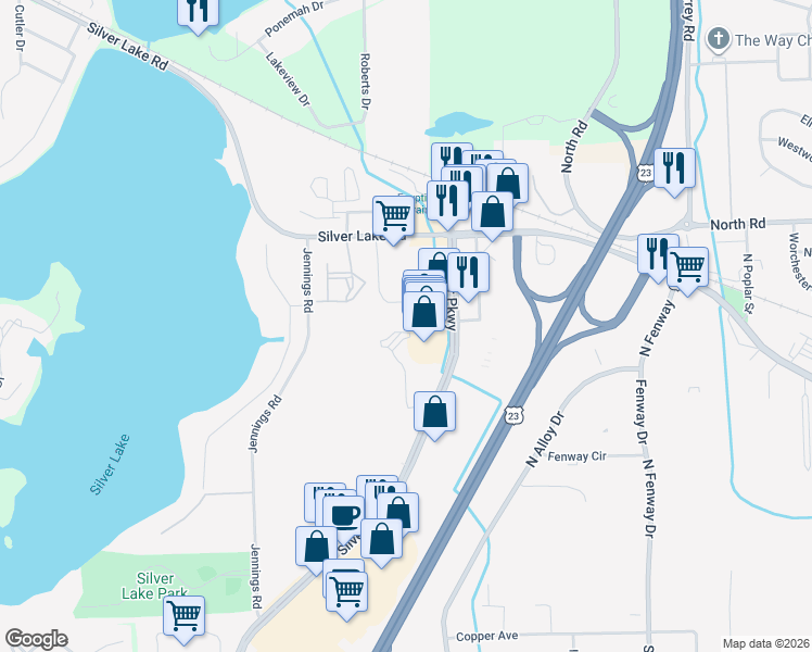 map of restaurants, bars, coffee shops, grocery stores, and more near 15200 Silver Parkway in Fenton