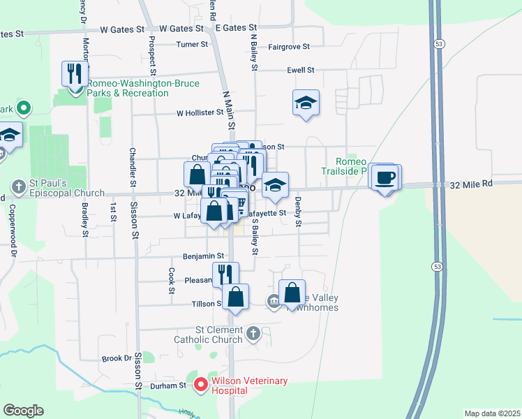 map of restaurants, bars, coffee shops, grocery stores, and more near 246 East Saint Clair Street in Romeo