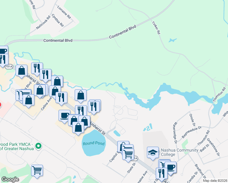 map of restaurants, bars, coffee shops, grocery stores, and more near 5 Knights Bridge Drive in Merrimack