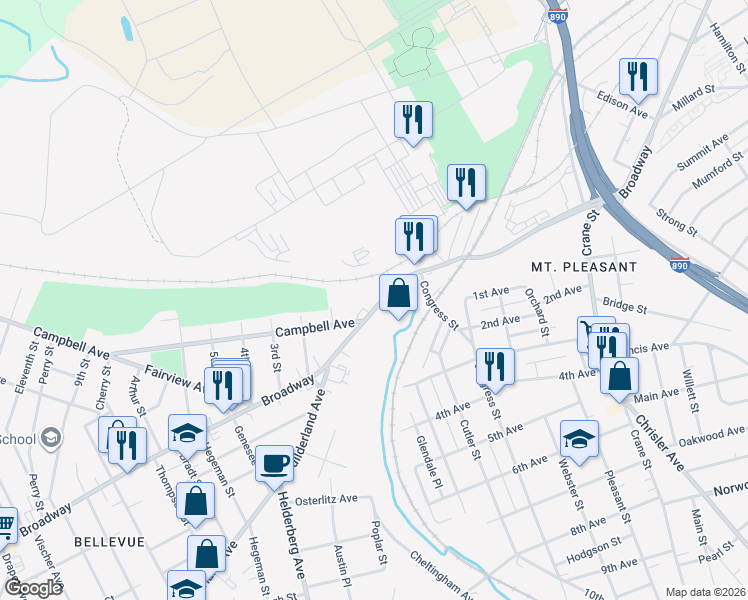 map of restaurants, bars, coffee shops, grocery stores, and more near 1521 Broadway in Schenectady