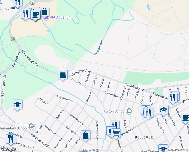 map of restaurants, bars, coffee shops, grocery stores, and more near 2777 Campbell Avenue in Schenectady