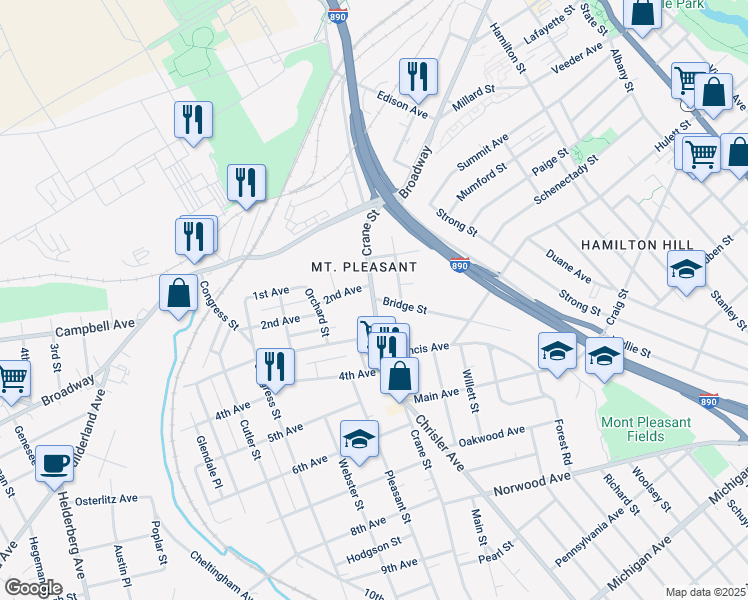 map of restaurants, bars, coffee shops, grocery stores, and more near Crane Street & Bridge Street in Schenectady