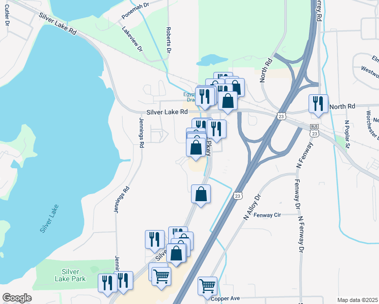 map of restaurants, bars, coffee shops, grocery stores, and more near Unnamed Road in Fenton