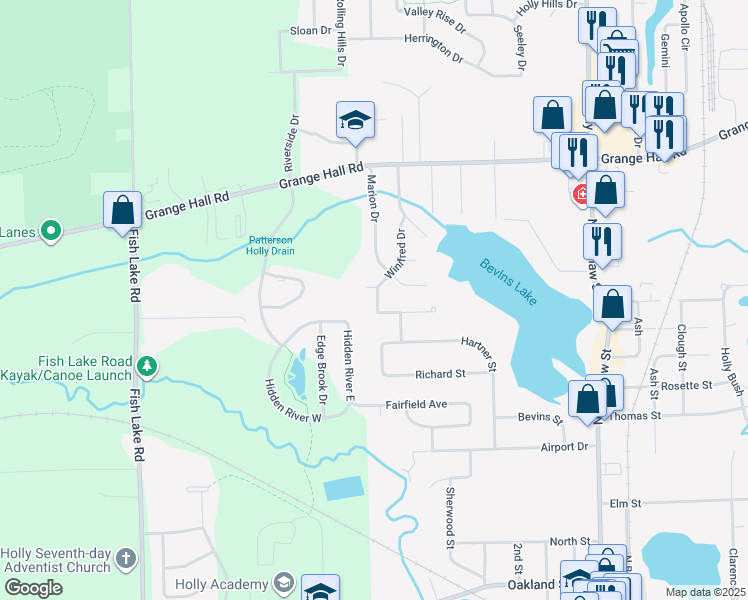 map of restaurants, bars, coffee shops, grocery stores, and more near 908 Winifred Drive in Holly