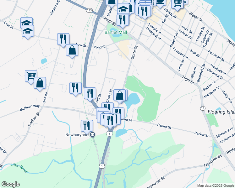 map of restaurants, bars, coffee shops, grocery stores, and more near 24 Cherry Street in Newburyport