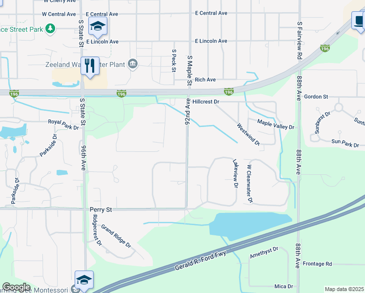 map of restaurants, bars, coffee shops, grocery stores, and more near 1891 92nd Avenue in Zeeland