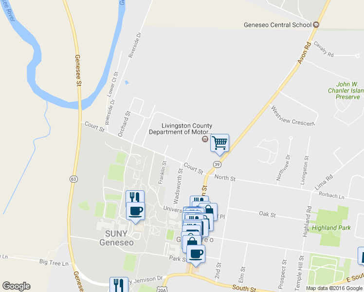 map of restaurants, bars, coffee shops, grocery stores, and more near 28 Court Street in Geneseo
