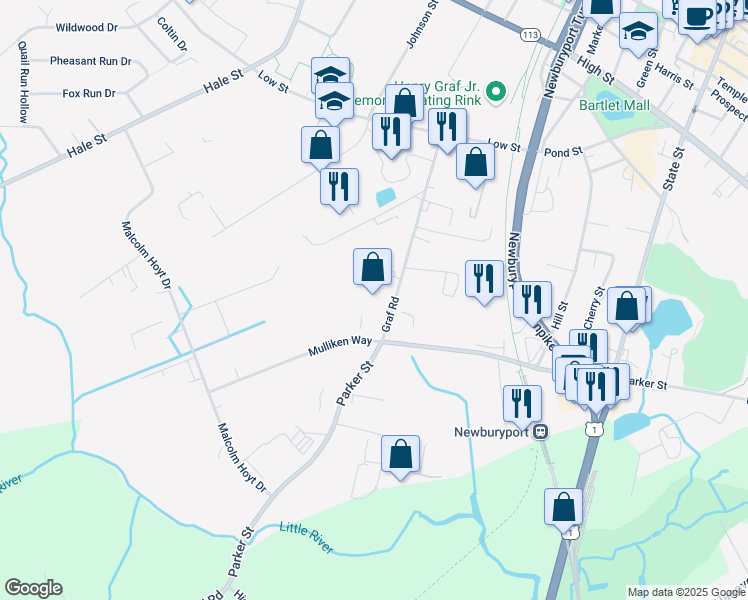 map of restaurants, bars, coffee shops, grocery stores, and more near 22 Graf Road in Newburyport