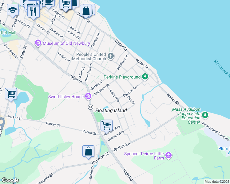 map of restaurants, bars, coffee shops, grocery stores, and more near 7 Reilly Avenue in Newburyport