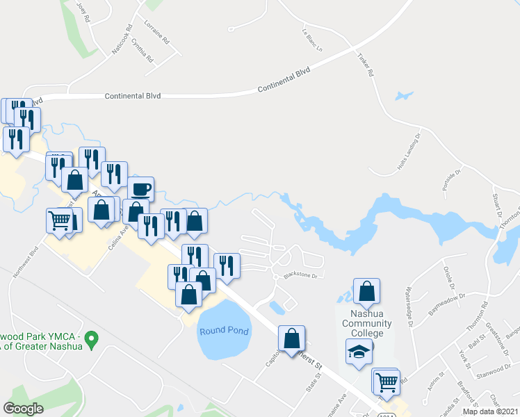 map of restaurants, bars, coffee shops, grocery stores, and more near 3 Knights Bridge Drive in Nashua