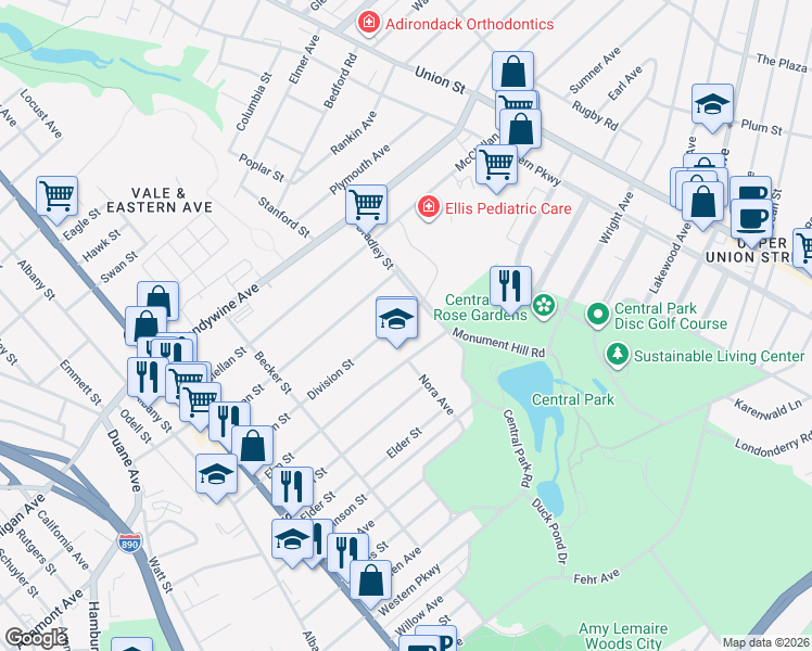 map of restaurants, bars, coffee shops, grocery stores, and more near 1652 Bradley Street in Schenectady