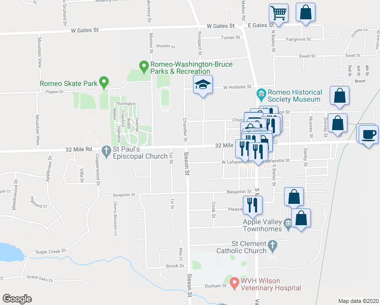 map of restaurants, bars, coffee shops, grocery stores, and more near 251 West Saint Clair Street in Romeo