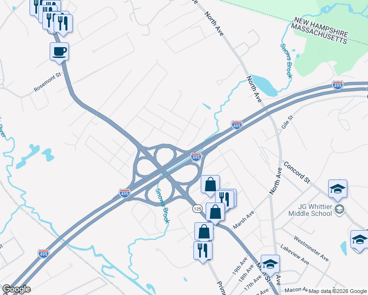 map of restaurants, bars, coffee shops, grocery stores, and more near 54 Whittaker Avenue in Haverhill