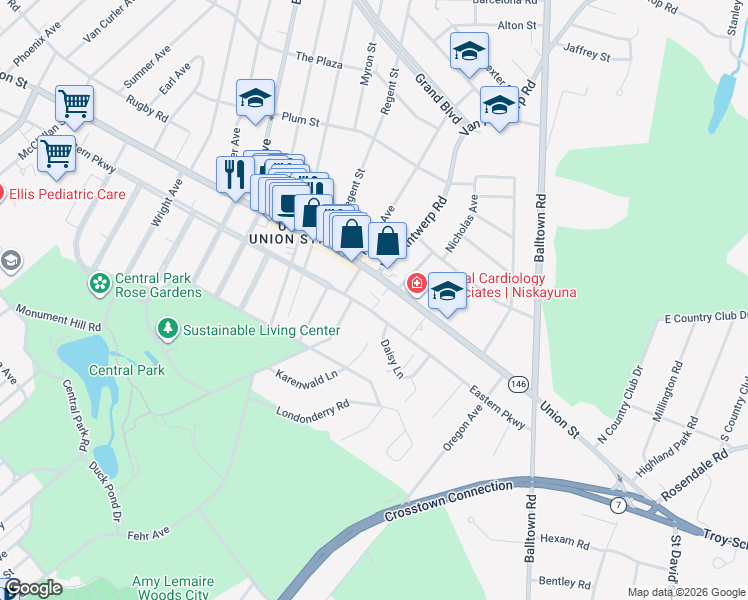 map of restaurants, bars, coffee shops, grocery stores, and more near 1746 Union Street in Schenectady County