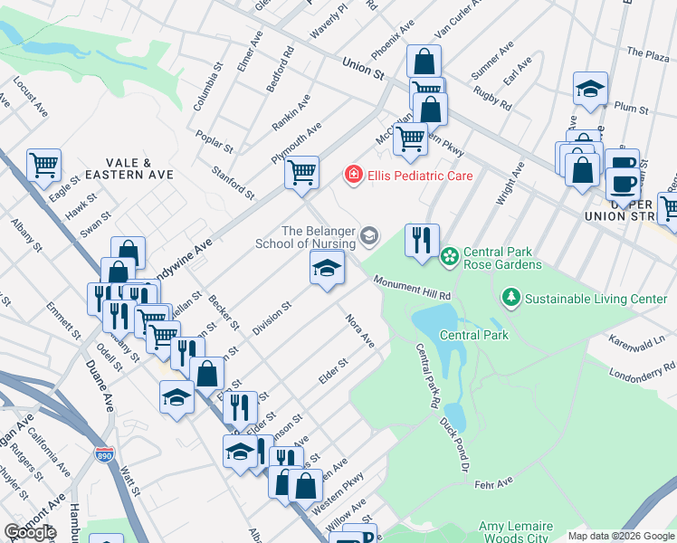 map of restaurants, bars, coffee shops, grocery stores, and more near 1652 Bradley Street in Schenectady