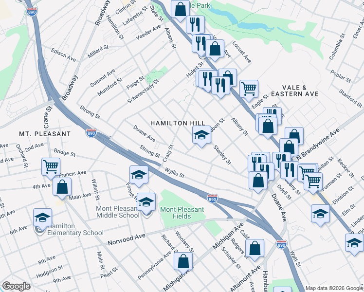 map of restaurants, bars, coffee shops, grocery stores, and more near 1042 Delamont Avenue in Schenectady