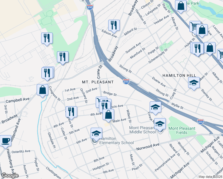 map of restaurants, bars, coffee shops, grocery stores, and more near 633 Lansing Street in Schenectady