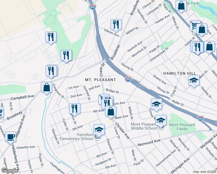 map of restaurants, bars, coffee shops, grocery stores, and more near in Schenectady