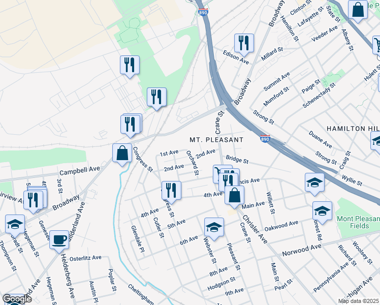 map of restaurants, bars, coffee shops, grocery stores, and more near 601 Orchard Street in Schenectady